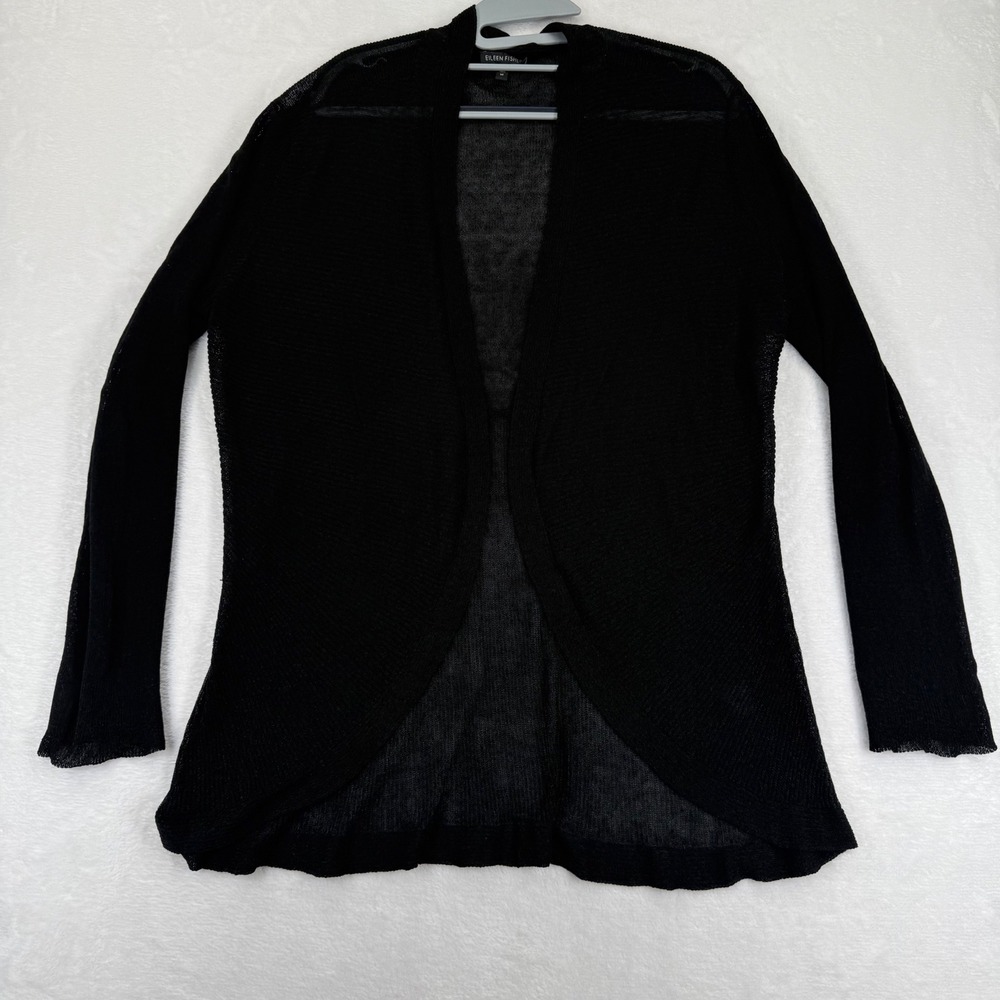 Eileen Fisher Womens Black Linen Blend Sheer Mesh Open Front Cardigan Medium